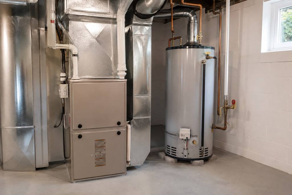 Furnace, ductwork and water heater system installed in a clean Vaughan basement utility room